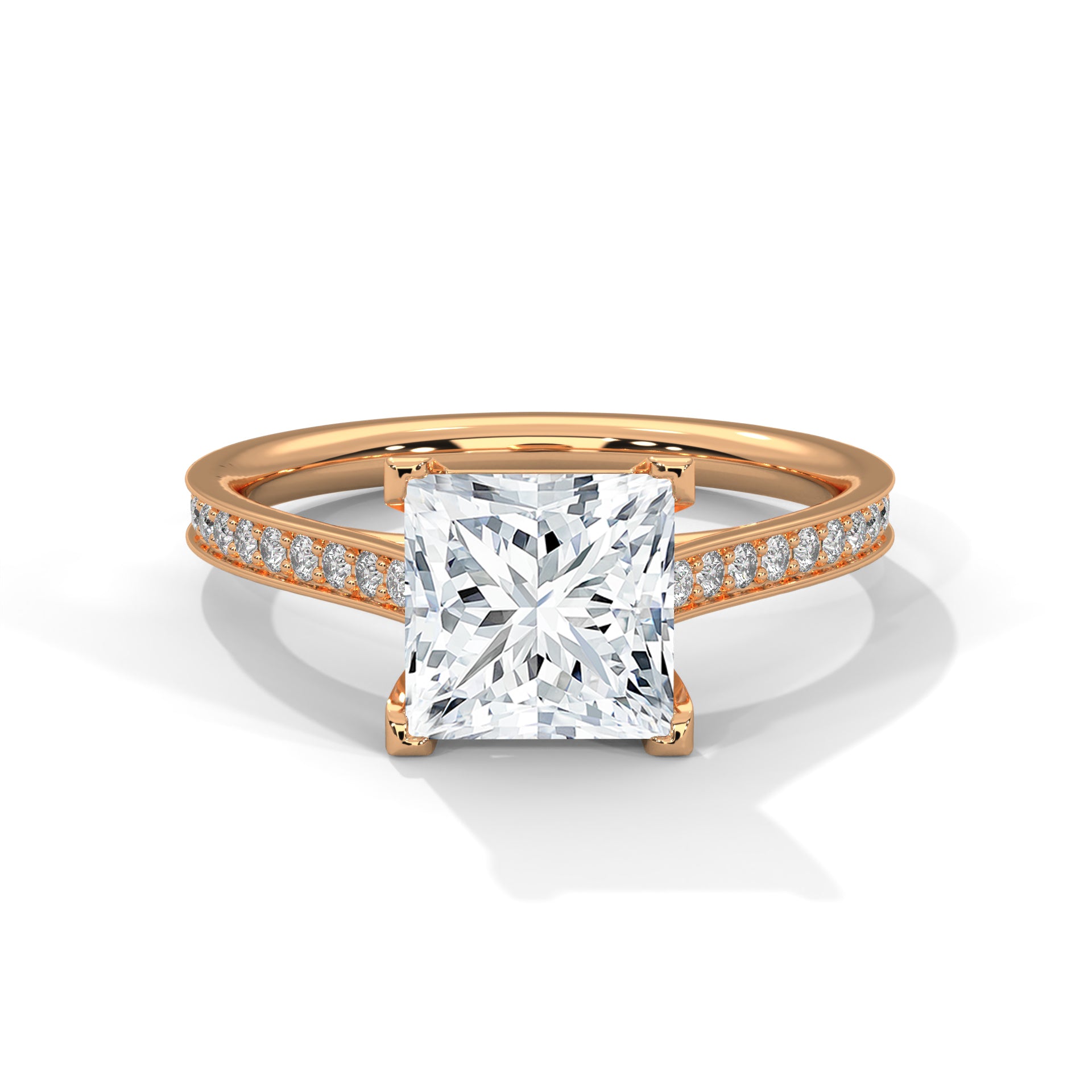 Princess Cut Solitaire Four-Prong Pavé Cathedral Engagement & Anniversary Ring in Rose Gold