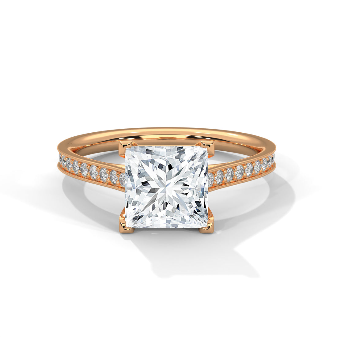 Princess Cut Solitaire Four-Prong Pavé Cathedral Engagement & Anniversary Ring in Rose Gold