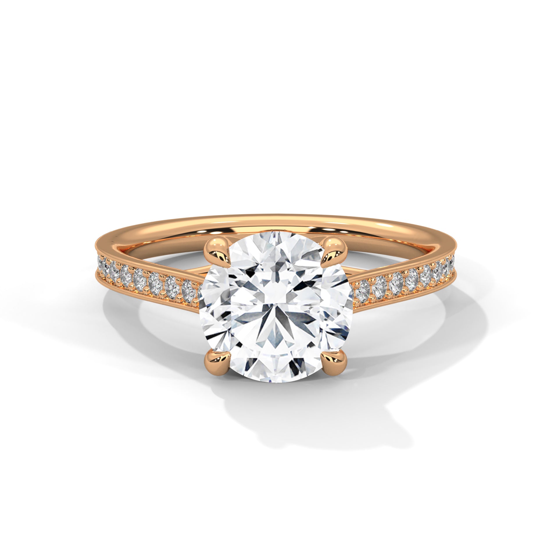 Round Cut Solitaire Four-Prong Pavé Cathedral Engagement & Anniversary Ring in Rose Gold