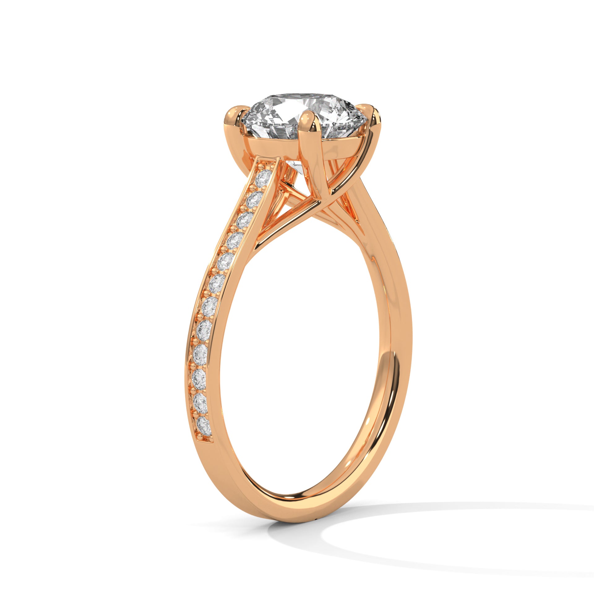 Round Cut Solitaire Four-Prong Pavé Cathedral Engagement & Anniversary Ring in Rose Gold