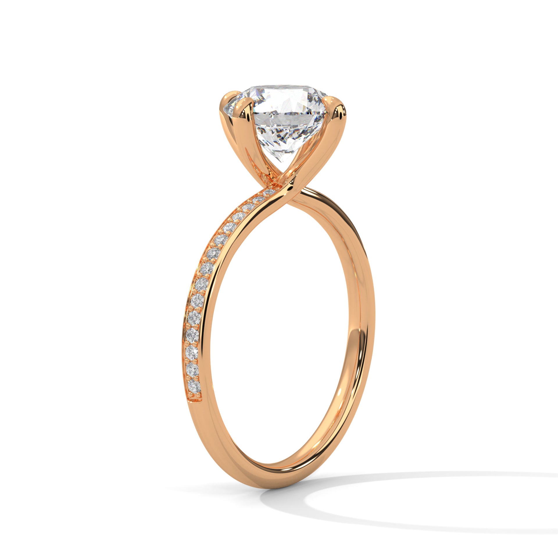 Round Cut Solitaire Twist Pavé Cathedral Engagement & Anniversary Ring in Rose Gold