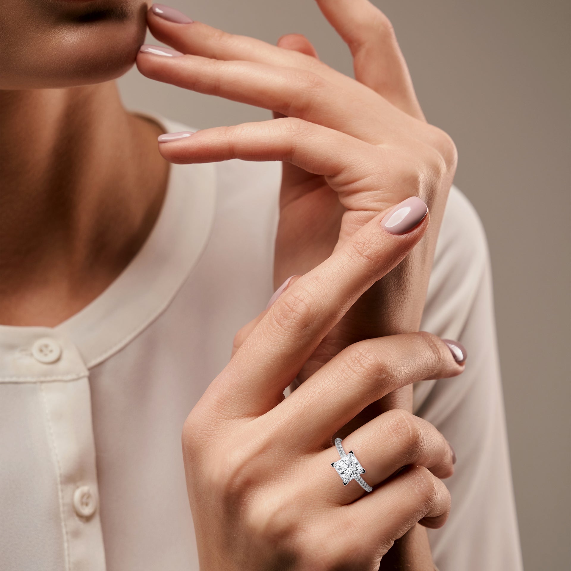 Rose Gold Princess Cut Solitaire Pavé Cathedral Engagement Ring
