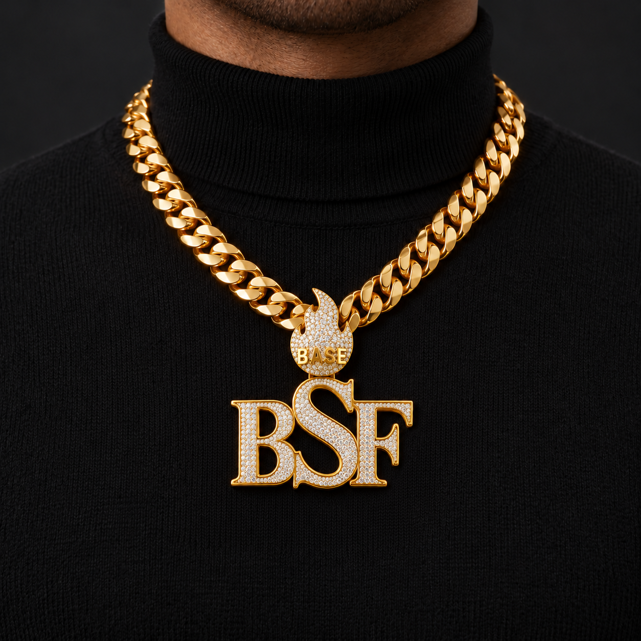 Custom BSF Letter Flame Pendant – Iced Out Gold Tone Hip Hop Jewelry