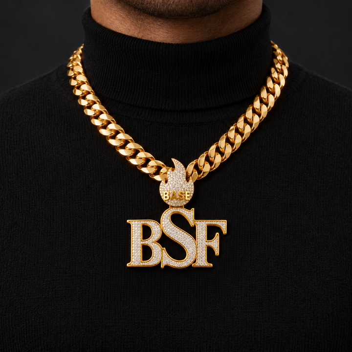 Custom BSF Letter Flame Pendant – Iced Out Gold Tone Hip Hop Jewelry