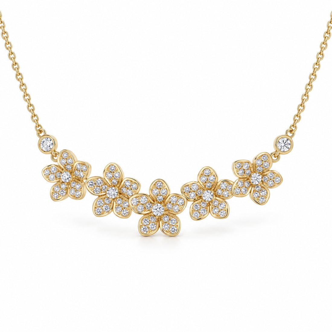 Five Flower Pavé Round Stone Yellow Gold Floral Necklace