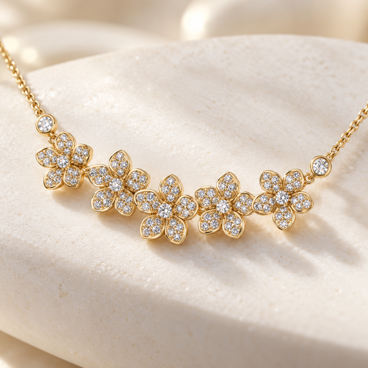 Five Flower Pavé Round Stone Yellow Gold Floral Necklace