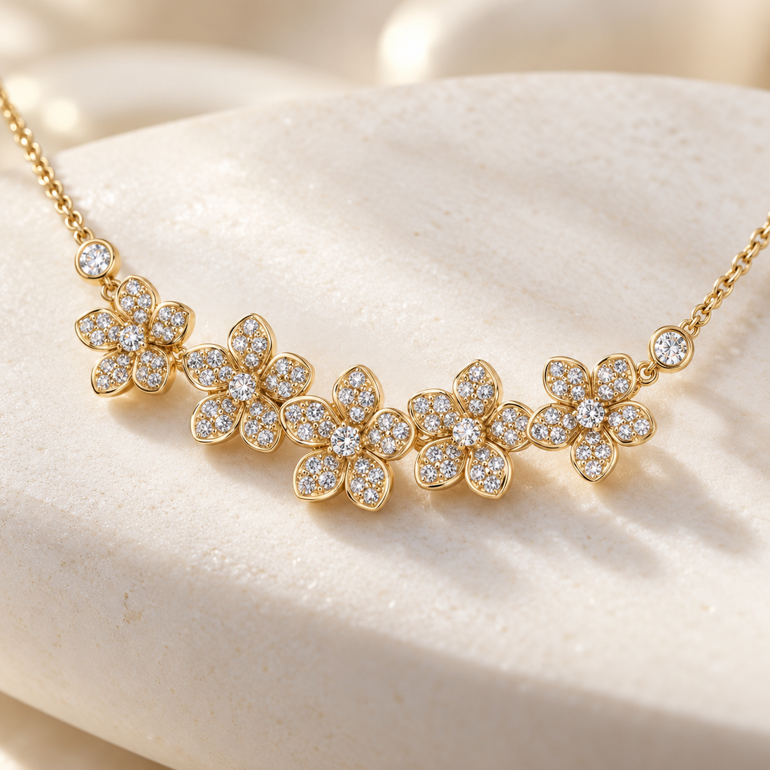 Five Flower Pavé Round Stone Yellow Gold Floral Necklace