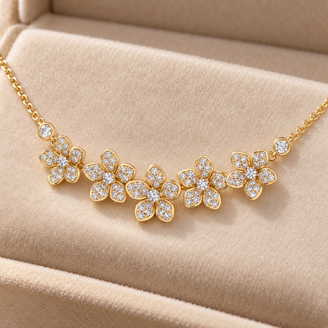 Five Flower Pavé Round Stone Yellow Gold Floral Necklace