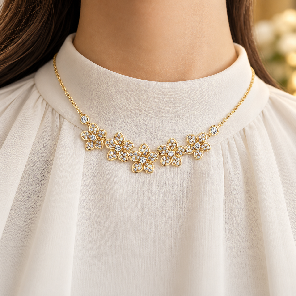 Five Flower Pavé Round Stone Yellow Gold Floral Necklace