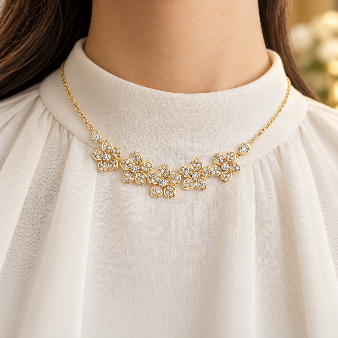 Five Flower Pavé Round Stone Yellow Gold Floral Necklace