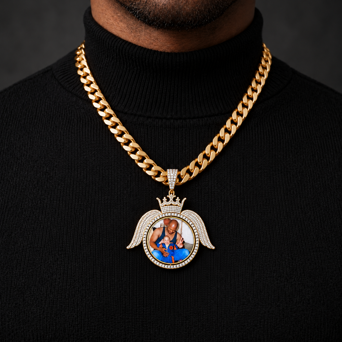 Custom Crown Angel Wings Photo Pendant – Two Tone Iced Out Hip Hop Jewelry
