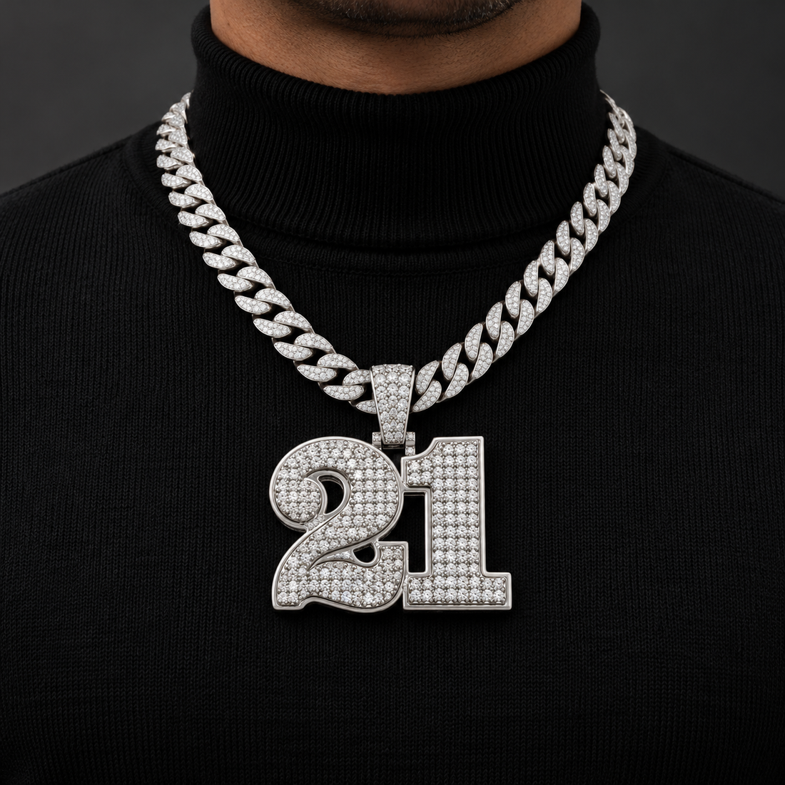 Iced Out Number 21 Pendant – Custom White Gold Tone Hip Hop Jewelry