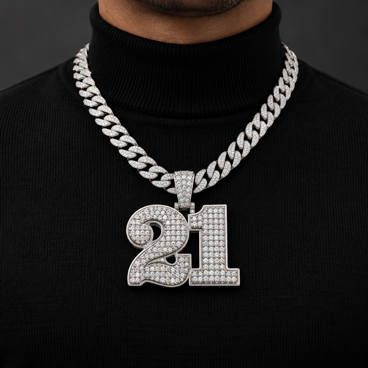 Iced Out Number 21 Pendant – Custom White Gold Tone Hip Hop Jewelry