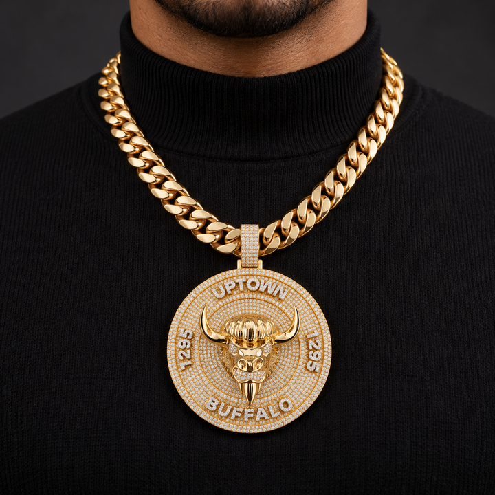 Uptown Buffalo Head Medallion Pendant – Custom Iced Out Gold Tone Hip Hop Jewelry