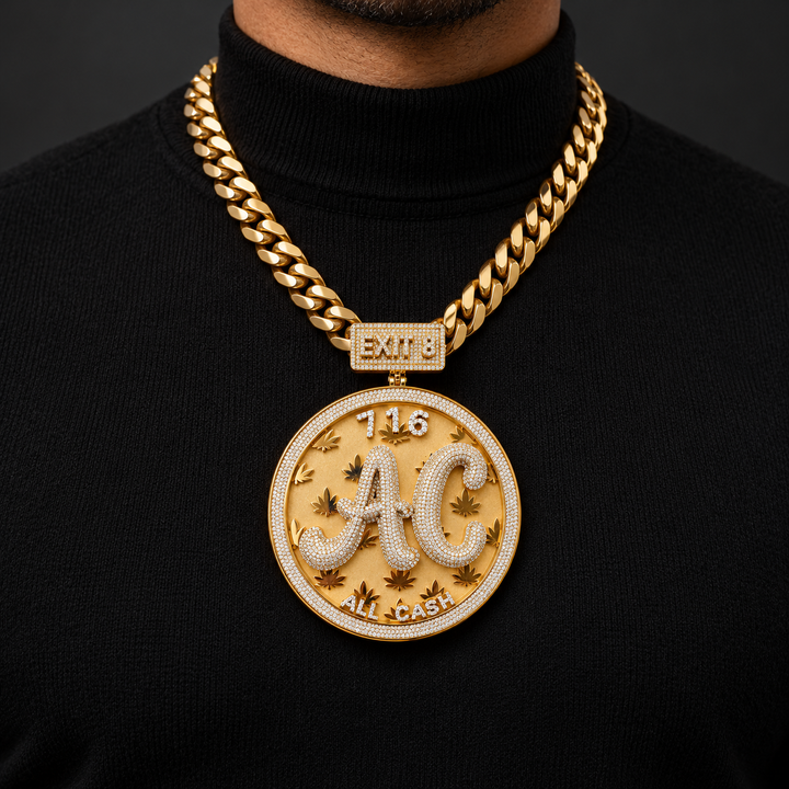 Custom AC All Cash 716 Medallion Pendant – Iced Out Gold Tone Hip Hop Jewelry