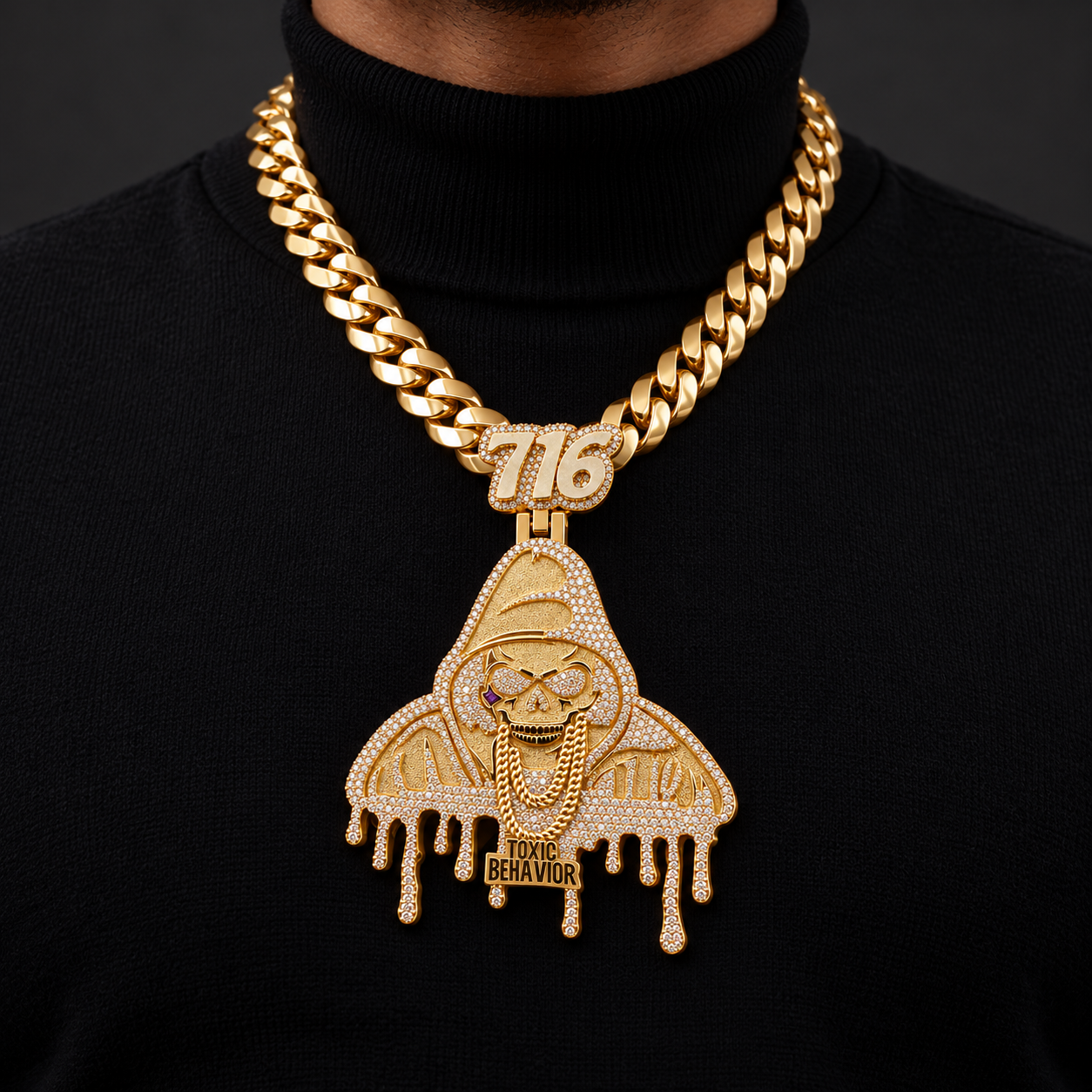 716 Hooded Skull Toxic Behavior Pendant – Custom Iced Out Gold Tone Hip Hop Jewelry