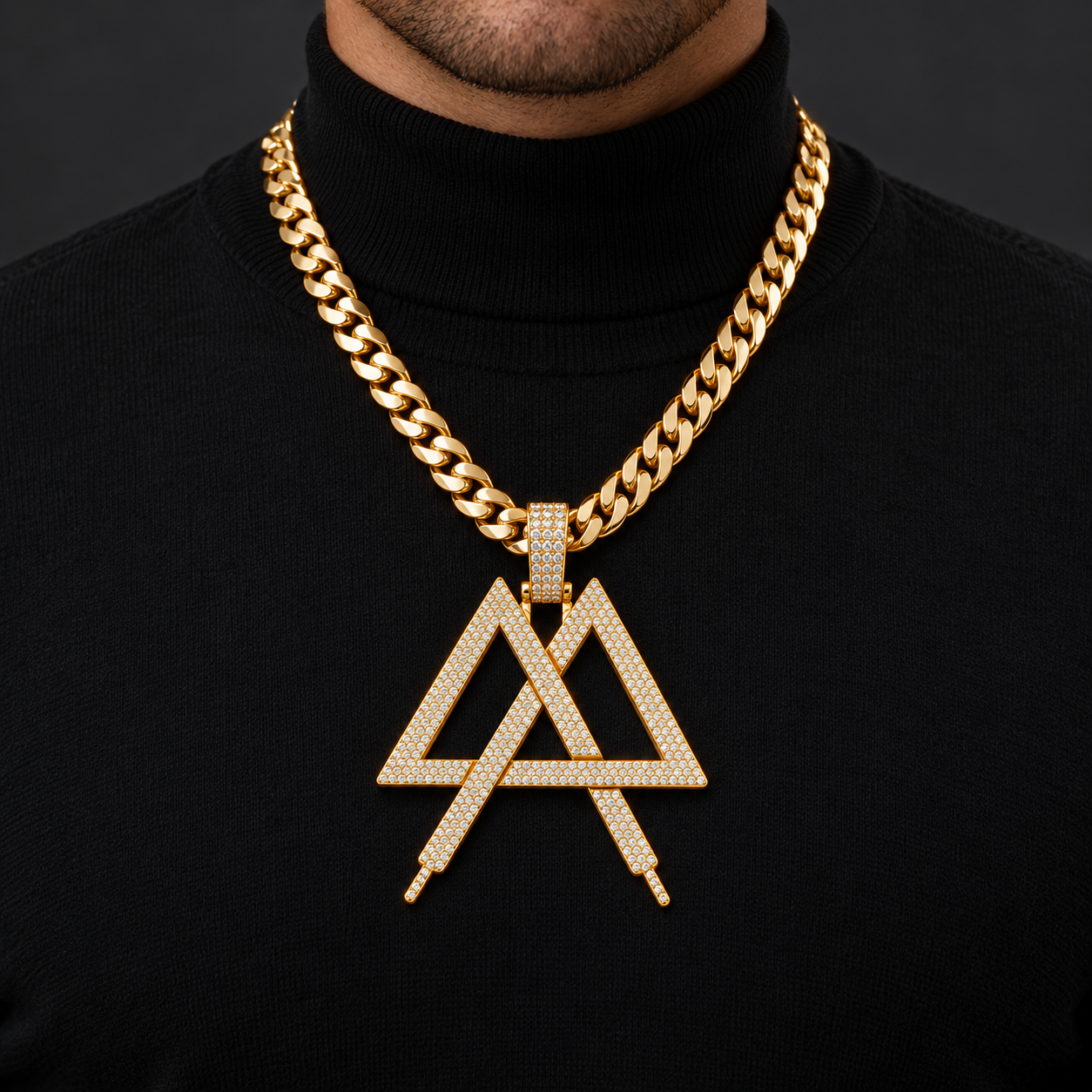 Iced Out Interlocking Double Triangle Pendant – Custom Gold Tone Hip Hop Jewelry