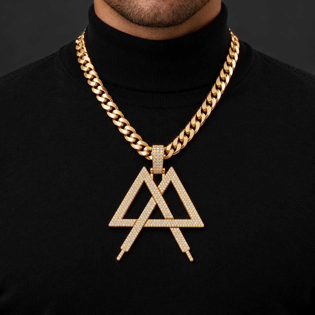Iced Out Interlocking Double Triangle Pendant – Custom Gold Tone Hip Hop Jewelry