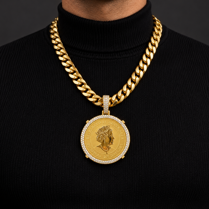 Queen Elizabeth II Australian Coin Style Pendant – Gold Tone Stone Halo Hip Hop Jewelry