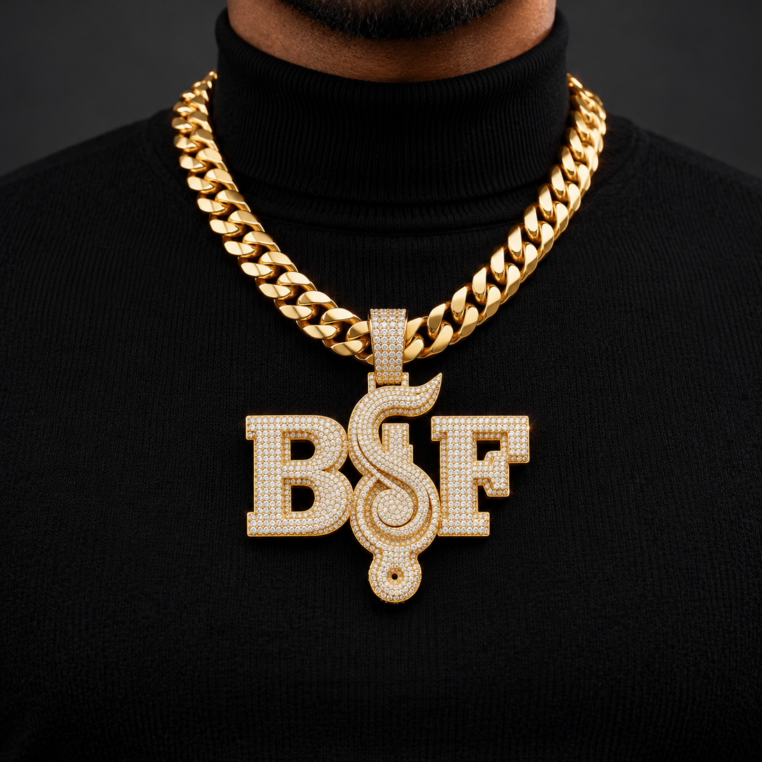 Custom BSF Scroll Letter Pendant – Iced Out Gold Tone Hip Hop Jewelry
