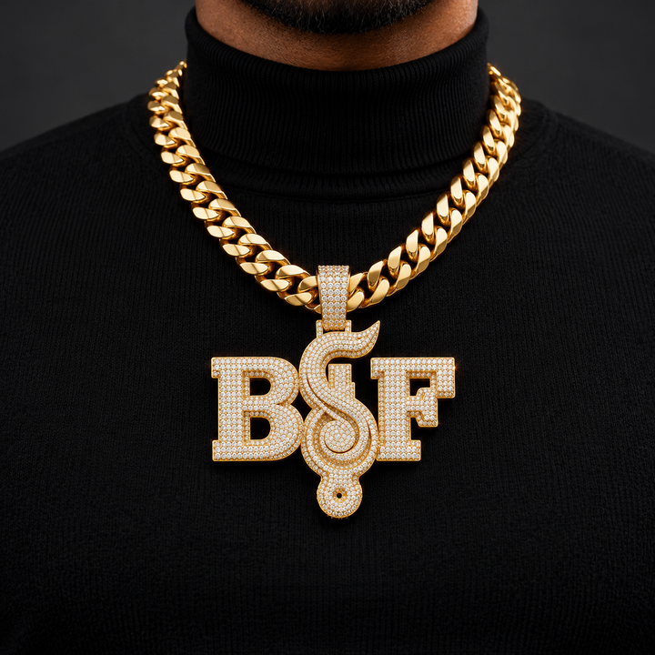 Custom BSF Scroll Letter Pendant – Iced Out Gold Tone Hip Hop Jewelry