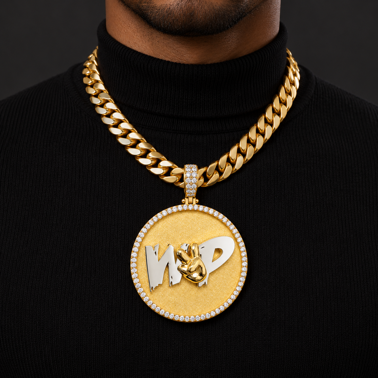 Custom Two Tone Peace Sign Round Medallion Pendant – Gold Tone Hip Hop Jewelry