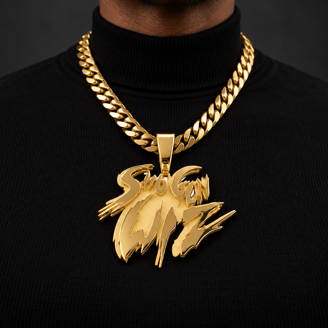 Custom Shotgun Wiz Lettering Pendant – Polished Gold Tone Hip Hop Jewelry