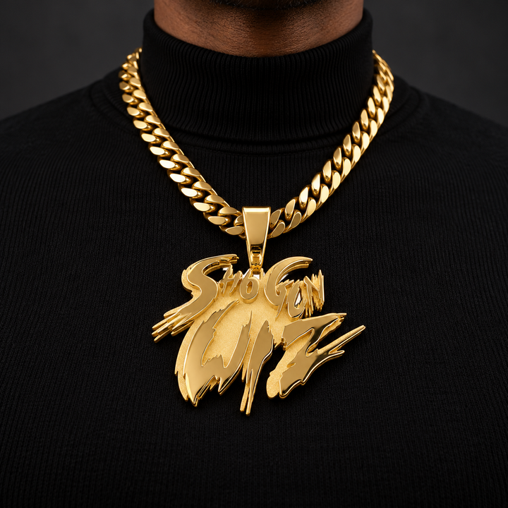 Custom Shotgun Wiz Lettering Pendant – Polished Gold Tone Hip Hop Jewelry