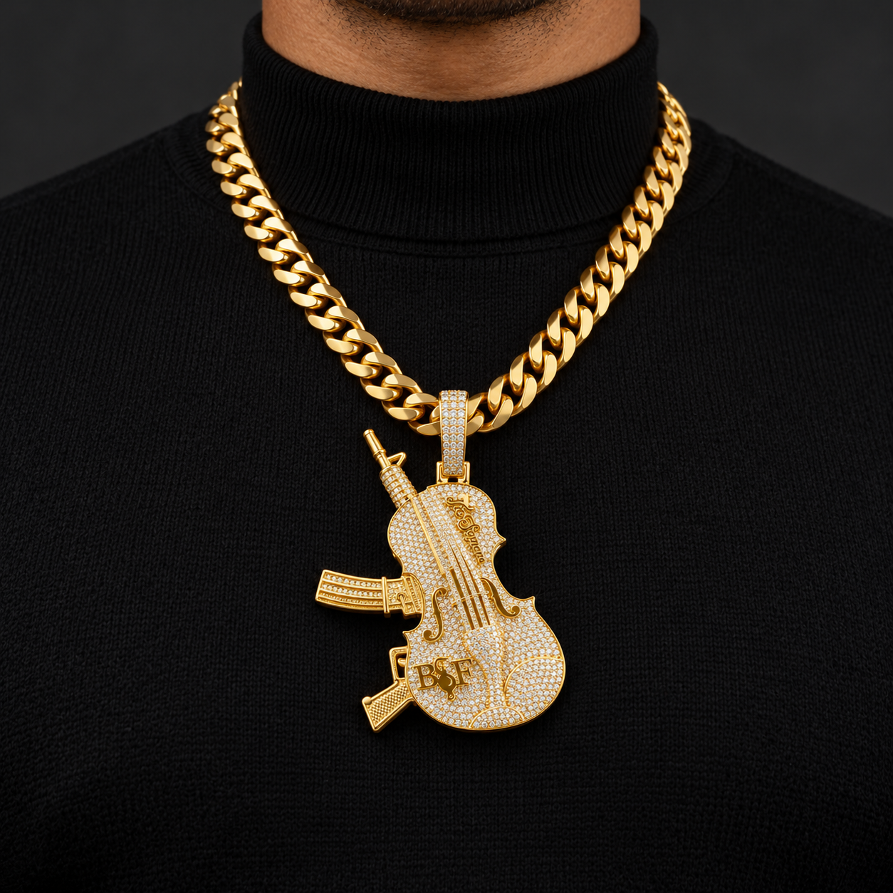 Iced Out Violin Rifle Pendant – Custom Yellow Gold Tone Hip Hop Jewelry