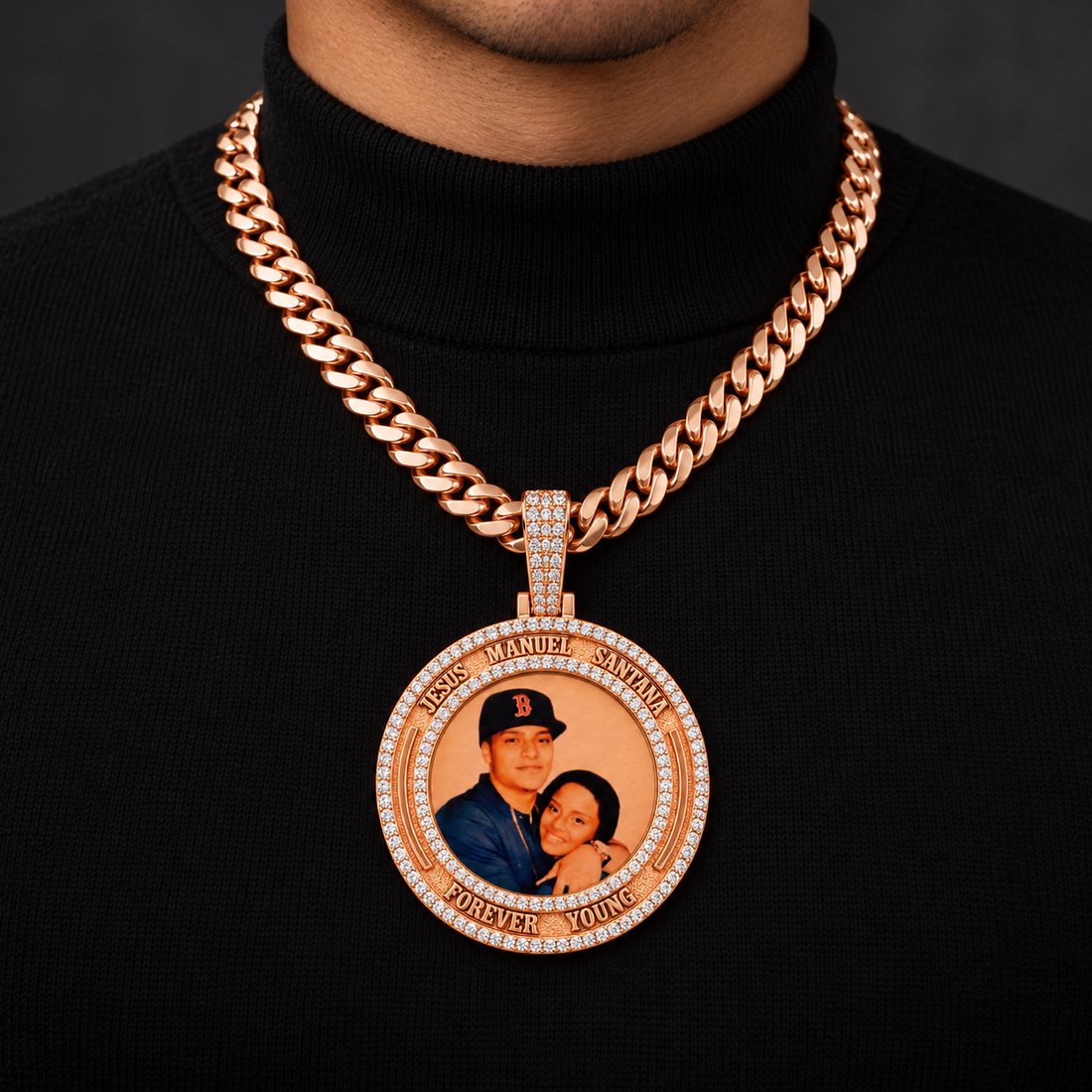 Custom Forever Young Round Photo Pendant – Rose Gold Tone Iced Out Memorial Jewelry