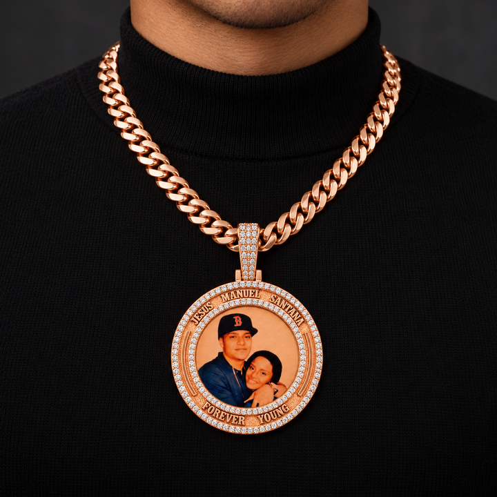 Custom Forever Young Round Photo Pendant – Rose Gold Tone Iced Out Memorial Jewelry