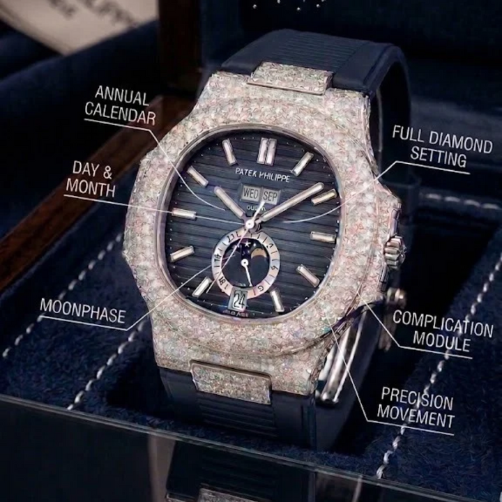 Custom Iced-Out Nautilus Style Annual Calendar Watch with Blue Dial