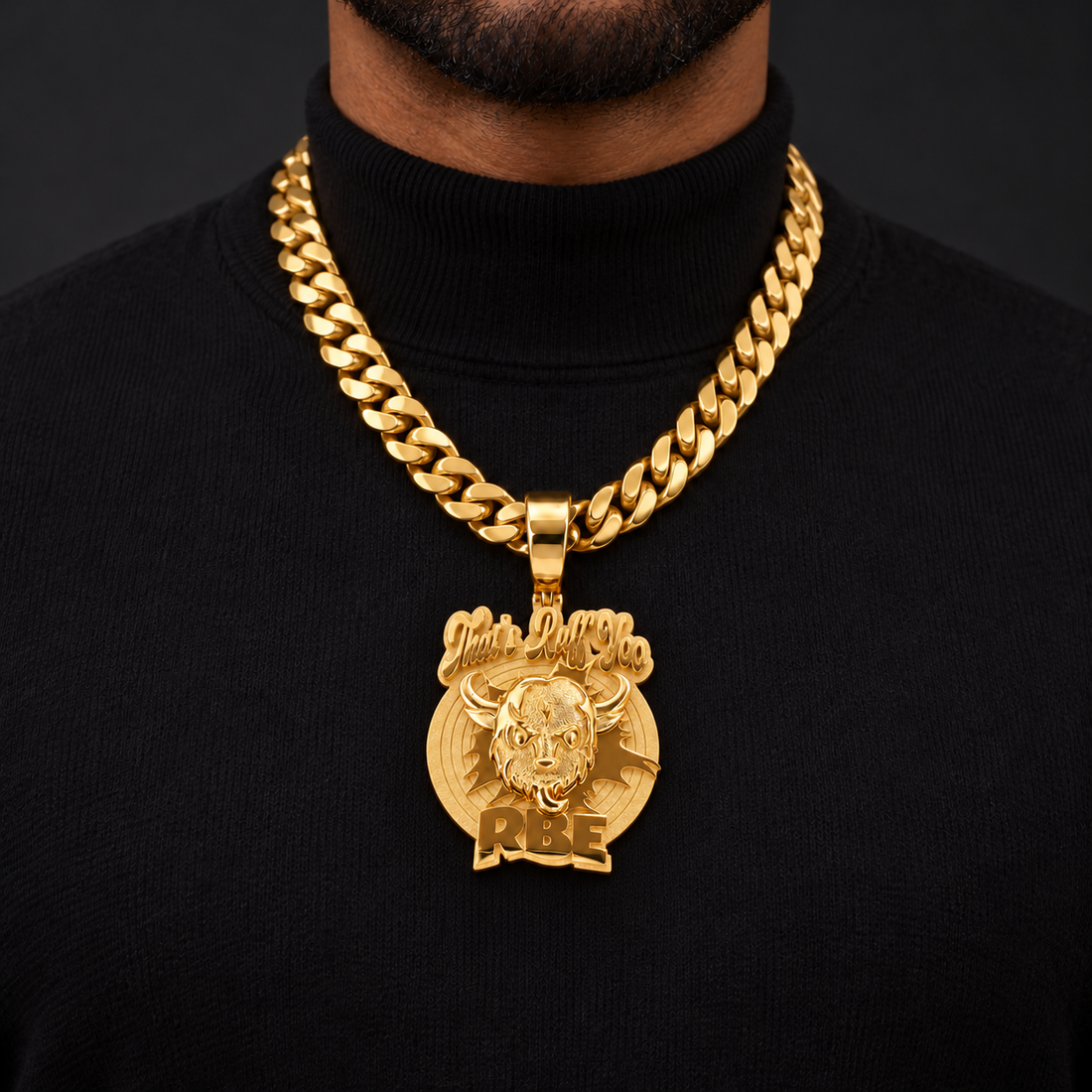 Custom Buffalo Head RBE Medallion Pendant – Polished Gold Tone Hip Hop Jewelry