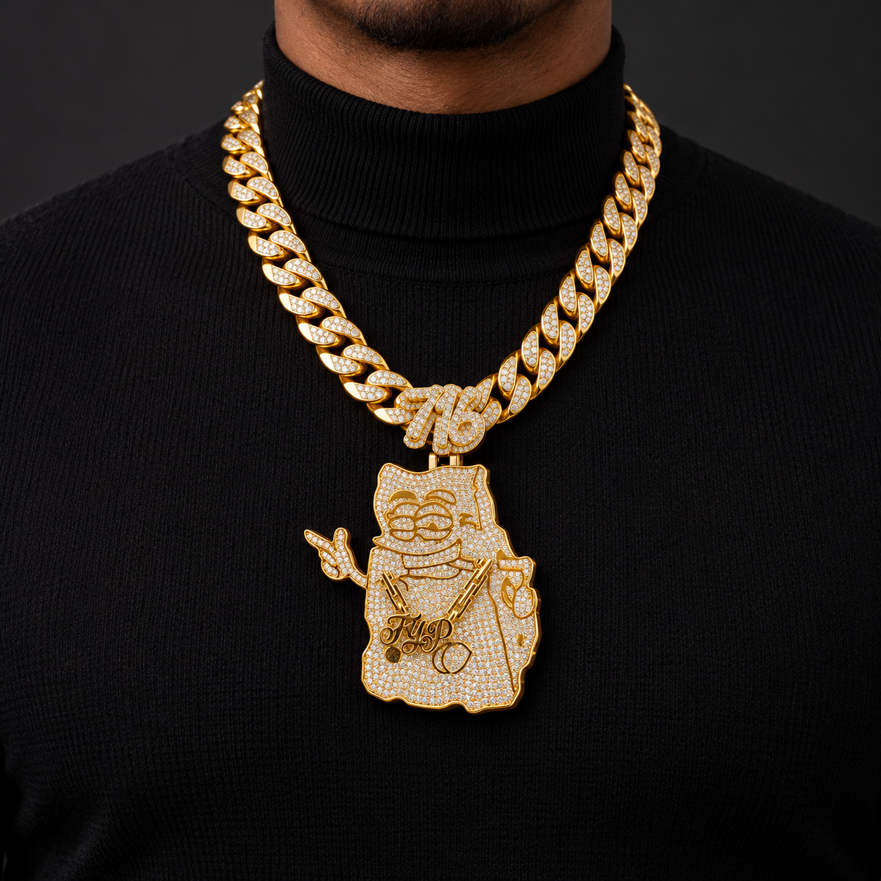 716 Cartoon Character FYP Pendant – Custom Iced Out Gold Tone Hip Hop Jewelry