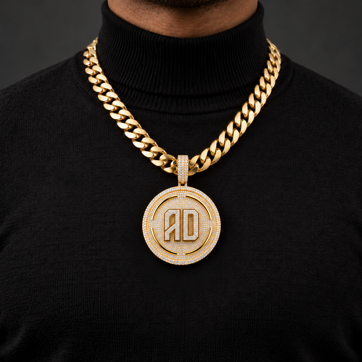 Custom AD Initial Round Medallion Pendant – Iced Out Gold Tone Hip Hop Jewelry