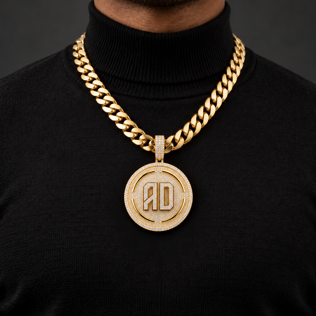 Custom AD Initial Round Medallion Pendant – Iced Out Gold Tone Hip Hop Jewelry