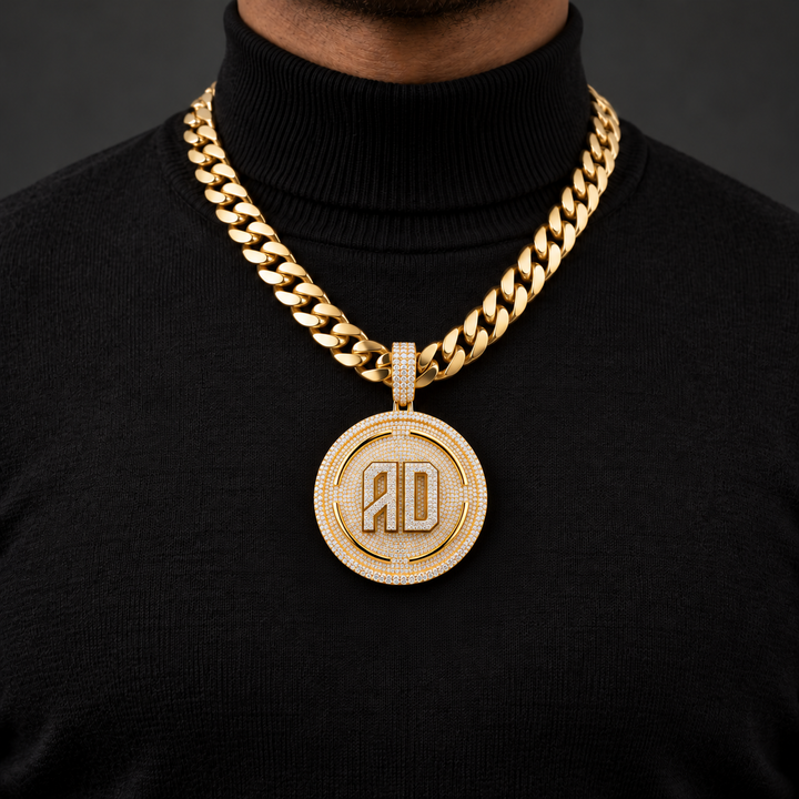 Custom AD Initial Round Medallion Pendant – Iced Out Gold Tone Hip Hop Jewelry