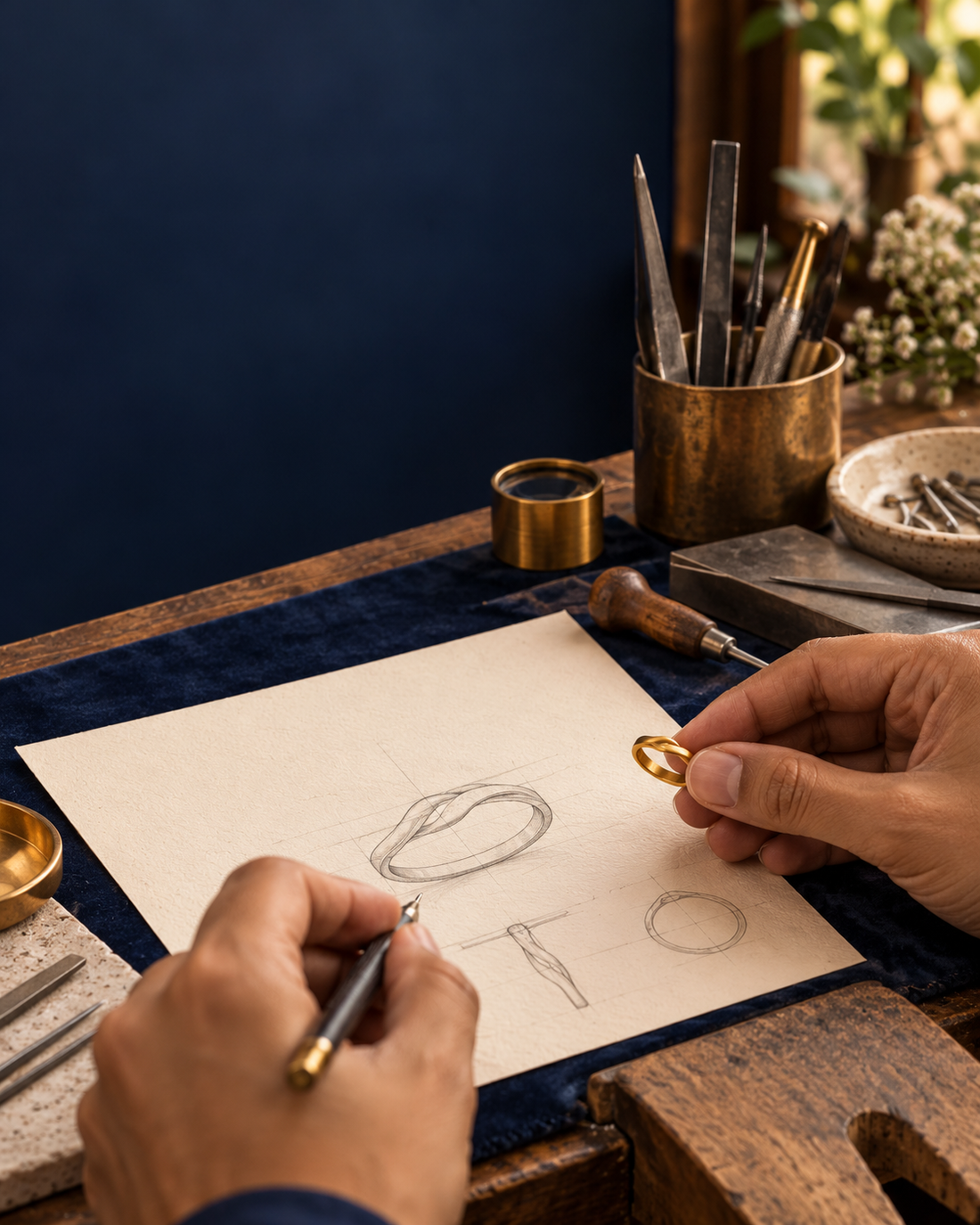 Jeweller’s hands sketching and shaping a gold ring at a navy workbench