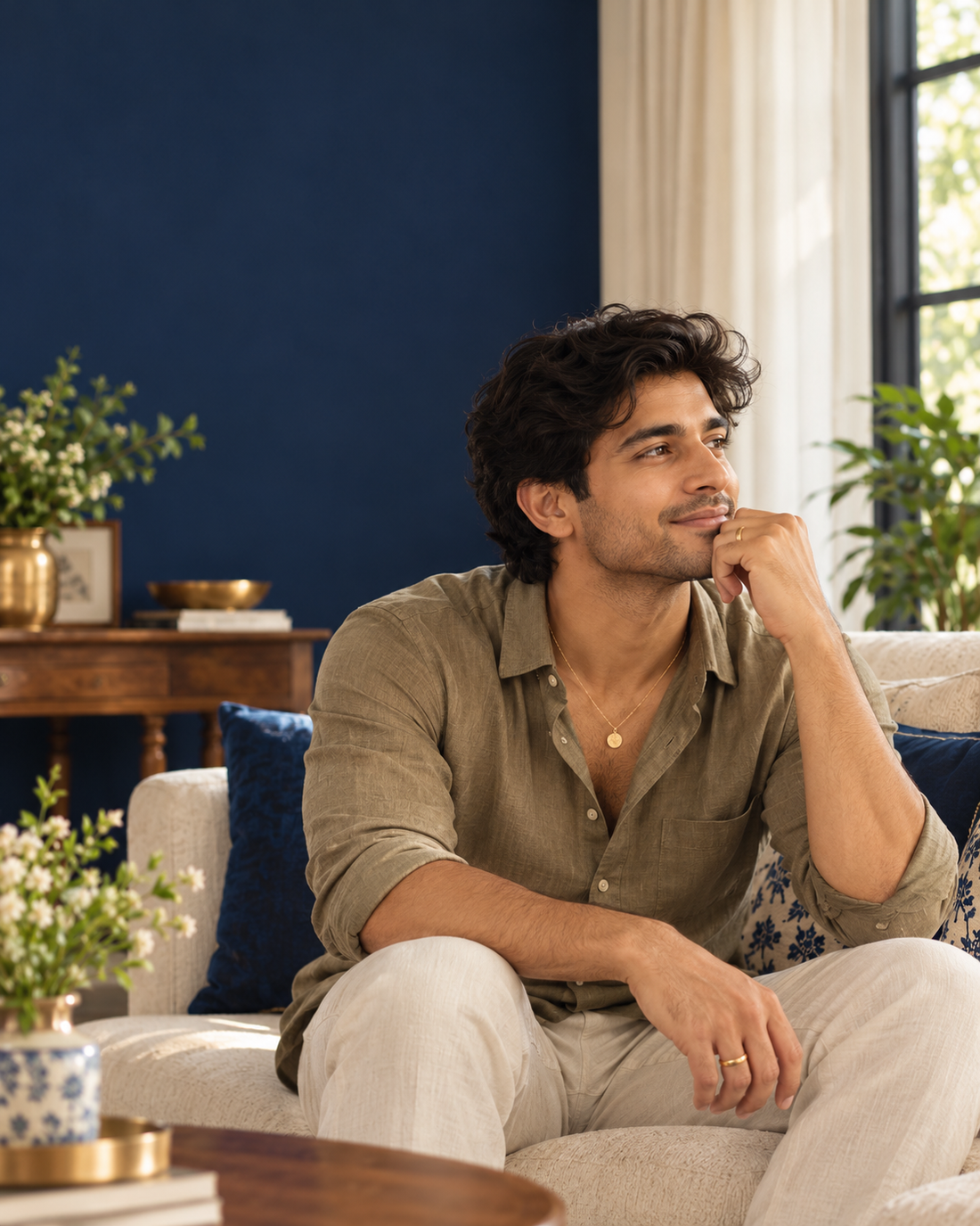 Indian man wearing a gold pendant chain and wedding band in a navy and cream home interior
