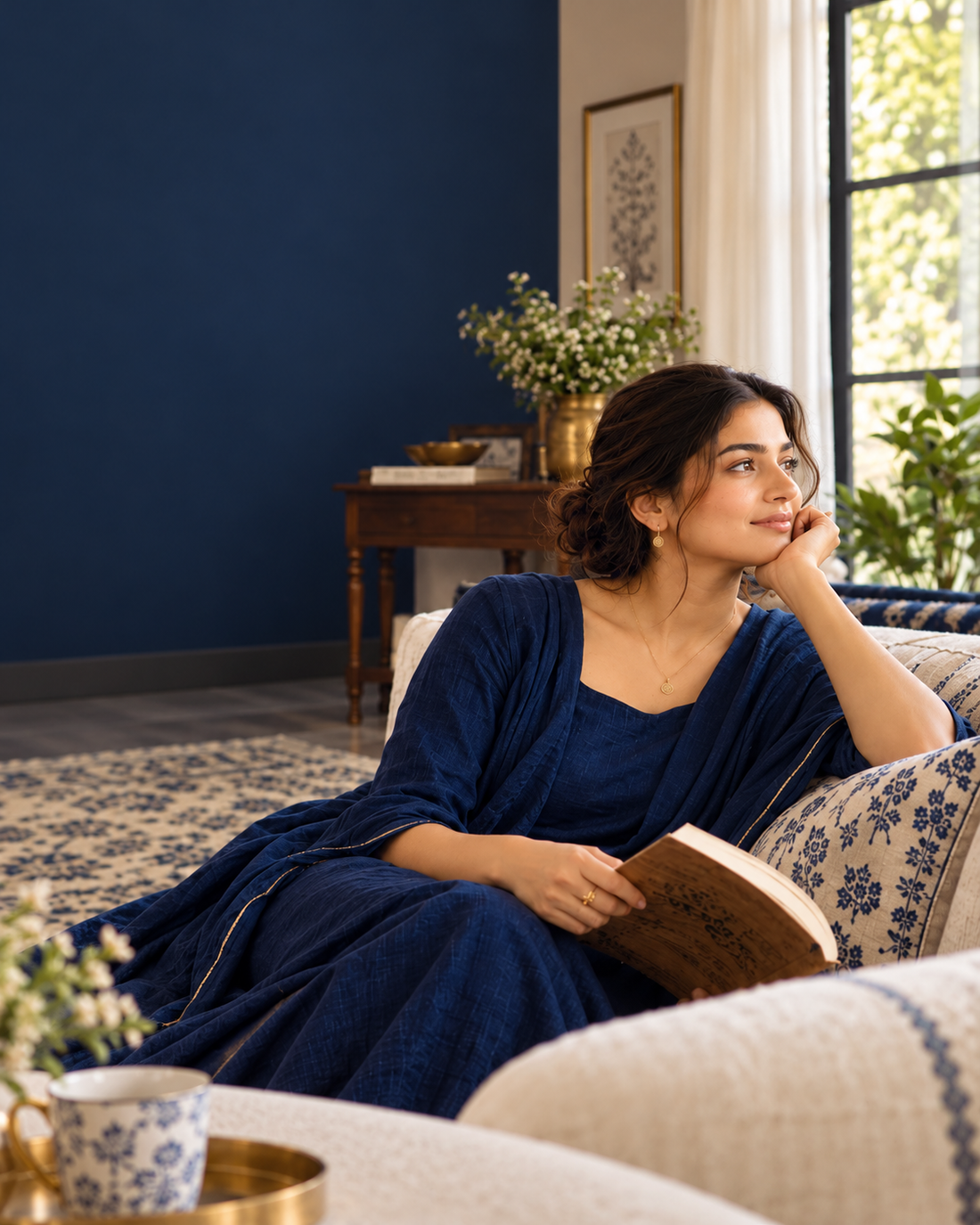 Woman wearing delicate gold jewellery in a navy and cream home interior