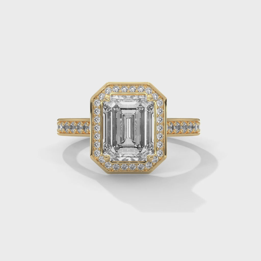 Rose Gold Emerald Cut Octagonal Halo Pavé Cathedral Engagement & Anniversary Ring