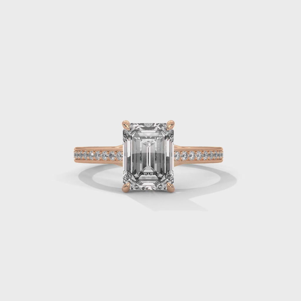 Rose Gold Emerald Cut Solitaire Pavé Cathedral Engagement & Anniversary Ring