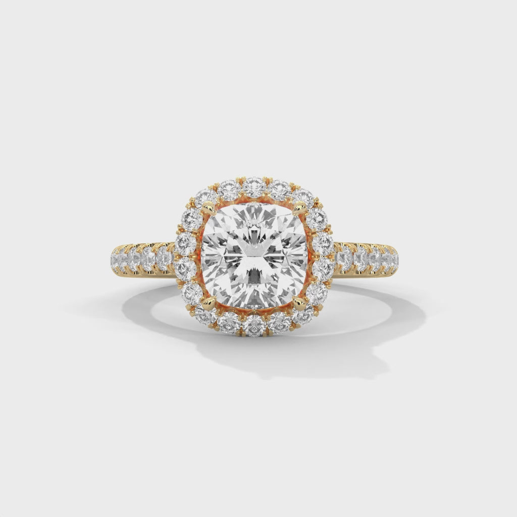 Rose Gold Cushion Cut Solitaire Halo Pavé Cathedral Engagement & Anniversary Ring