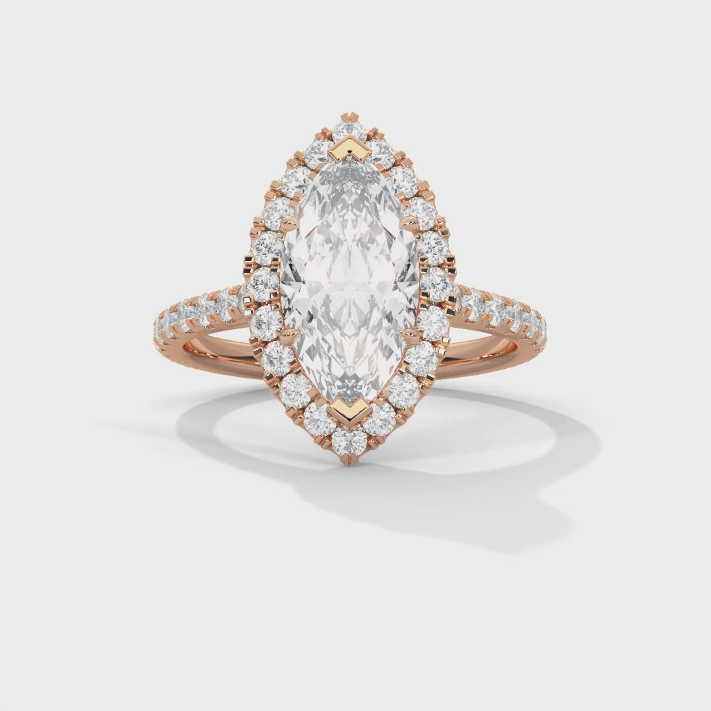 Rose Gold Marquise Cut V-Tip Halo Solitaire Engagement & Anniversary Ring