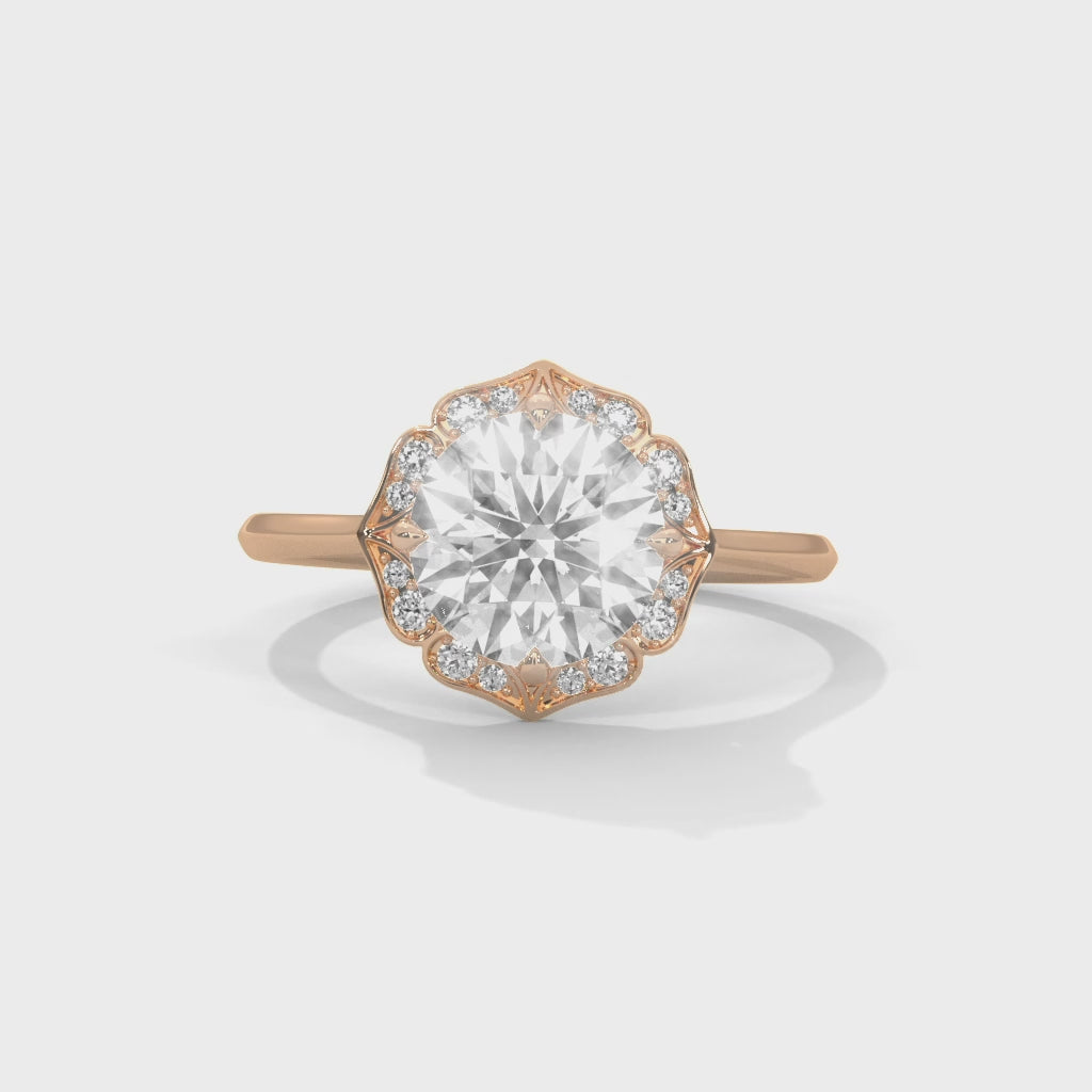 Rose Gold Round Cut Floral Halo Solitaire Engagement & Anniversary Ring