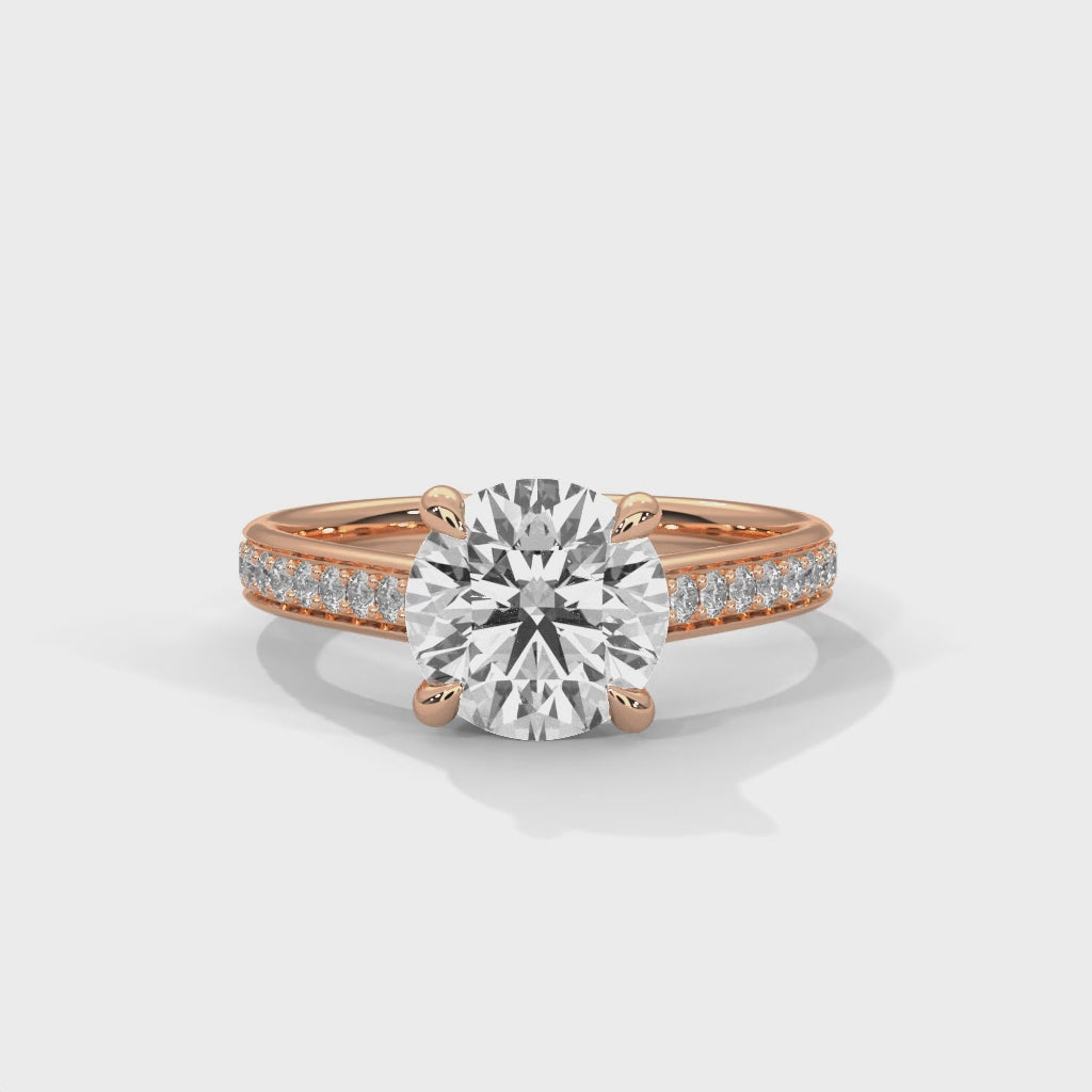 Rose Gold Round Cut Solitaire Four-Prong Pavé Cathedral Engagement & Anniversary Ring