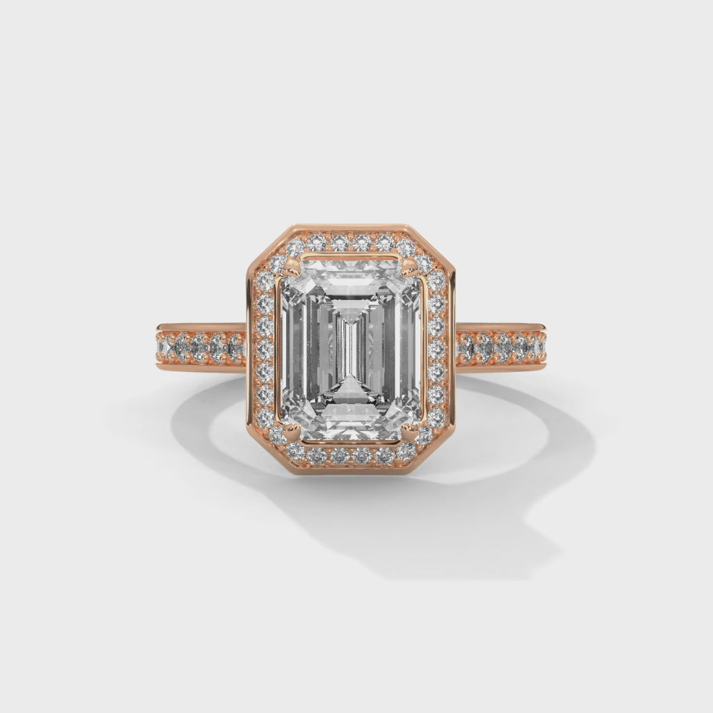 Rose Gold Emerald Cut Octagonal Halo Pavé Cathedral Engagement & Anniversary Ring