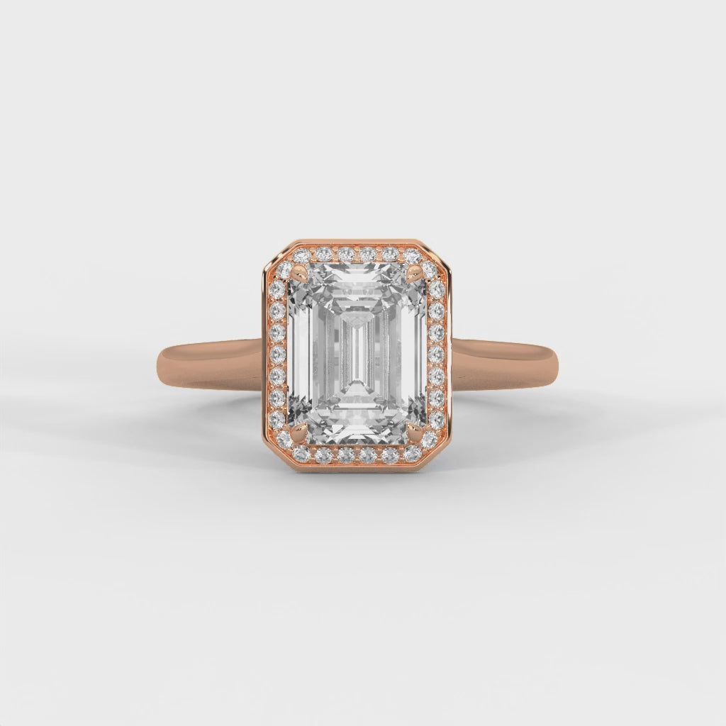 Rose Gold Emerald Cut Octagonal Halo Solitaire Engagement & Anniversary Ring