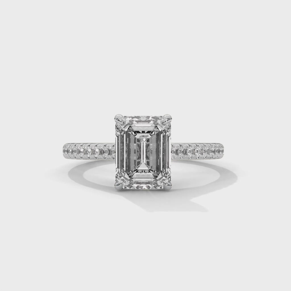 Rose Gold Emerald Cut Solitaire Four-Prong Pavé Cathedral Engagement & Anniversary Ring
