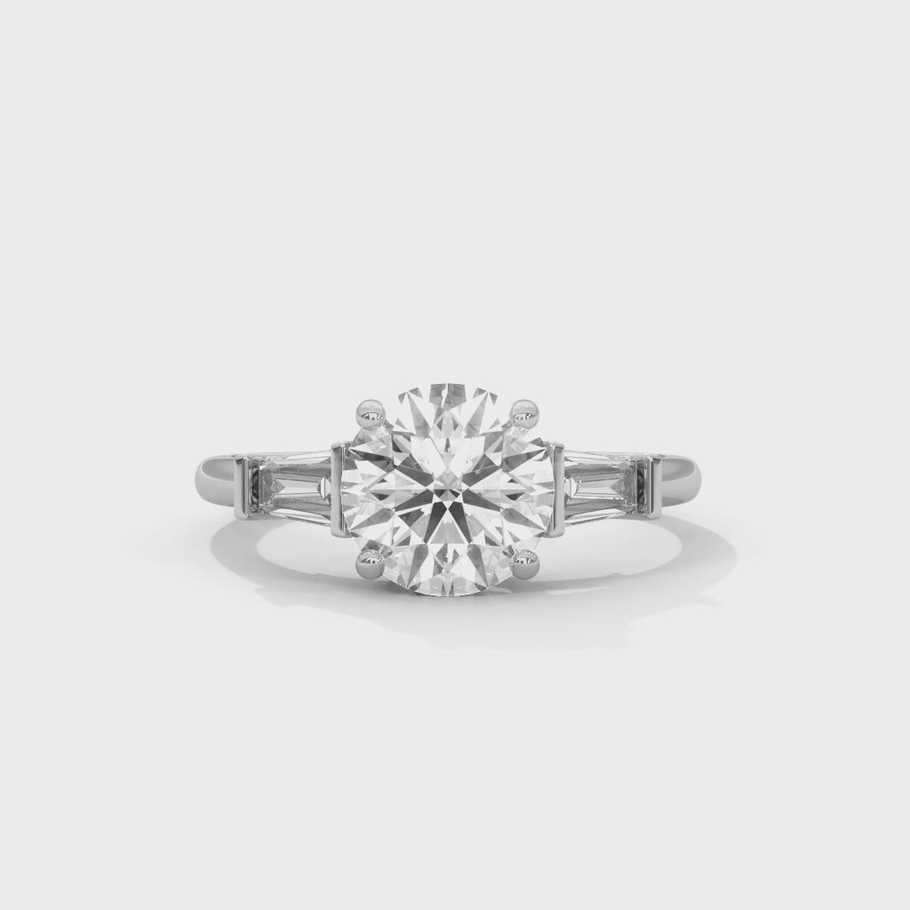 Rose Gold Round Cut Three Stone Tapered Baguette Engagement & Anniversary Ring